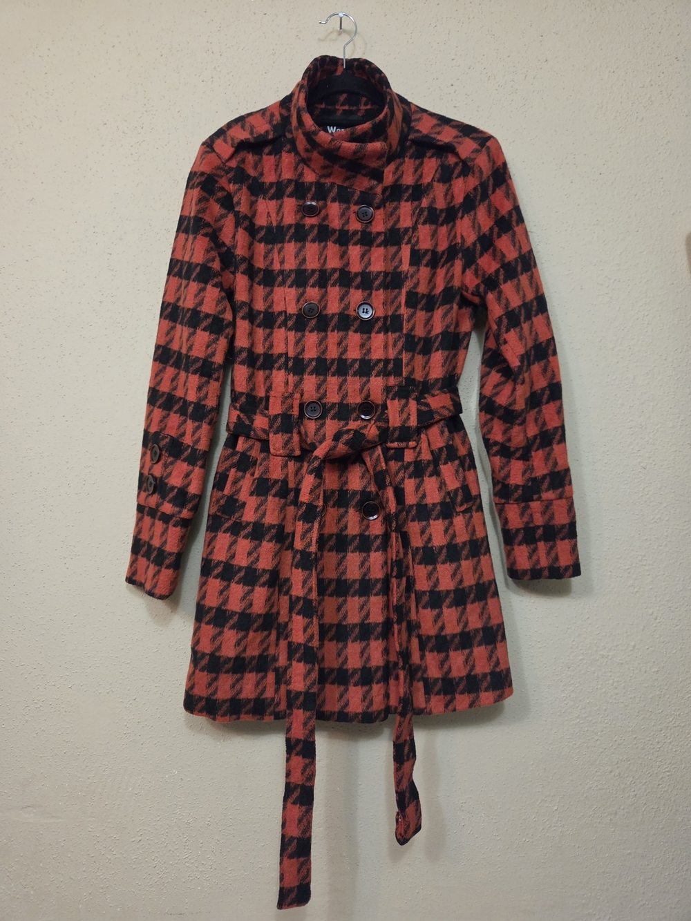 Wantdo Coat Womens Small Wool-Blend Red & Black Plaid Belted